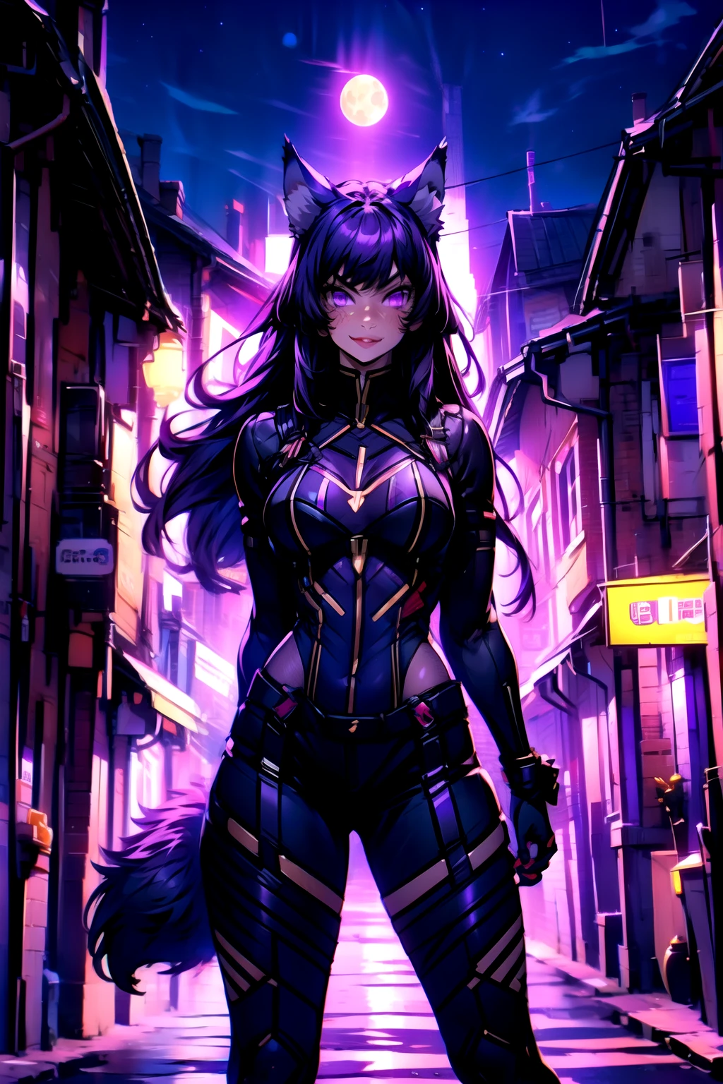 best quality, masterprice, 1girl, (solo:1.1), raytracing, ultra detailed,detailed face, 8k wallpaper, smile, wide hips, outdoor,night time,old town,moon, standing, outdoor,  DeltaNDV, long hair, animal ears, purple eyes, bangs, wolf ears, looking at viewer, wolf tail, bodysuit, tight clothes,  from front