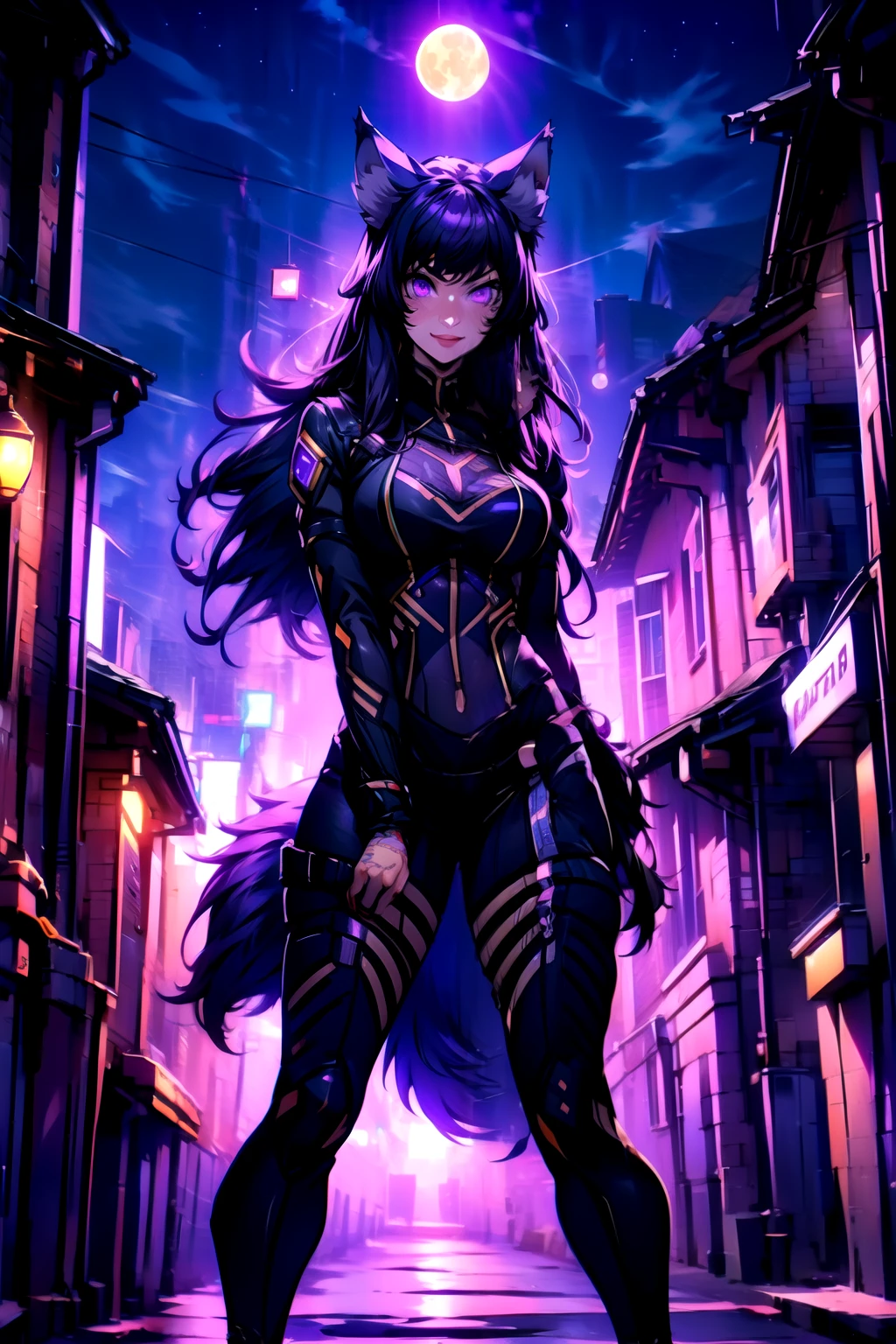 best quality, masterprice, 1girl, (solo:1.1), raytracing, ultra detailed,detailed face, 8k wallpaper, smile, wide hips, outdoor,night time,old town,moon, standing, outdoor,  DeltaNDV, long hair, animal ears, purple eyes, bangs, wolf ears, looking at viewer, wolf tail, bodysuit, tight clothes,  from front