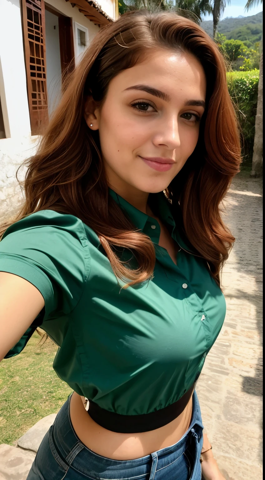 Uma mulher loira de 23 anos, ((seios grandes)), ((hiperrealismo)) ,. red hair with light brown roots. cabelo vermelho, Hair with brown roots, cabelo extra longo, cabelo muito comprido, cabelo muito comprido, lindo, vista frontal, selfie, foto tirada com iPhone, camisa preta elegante com escote, corte baixo, selfie no jardim, alta qualidade, selfie iPhone, decote, olhos verdes
