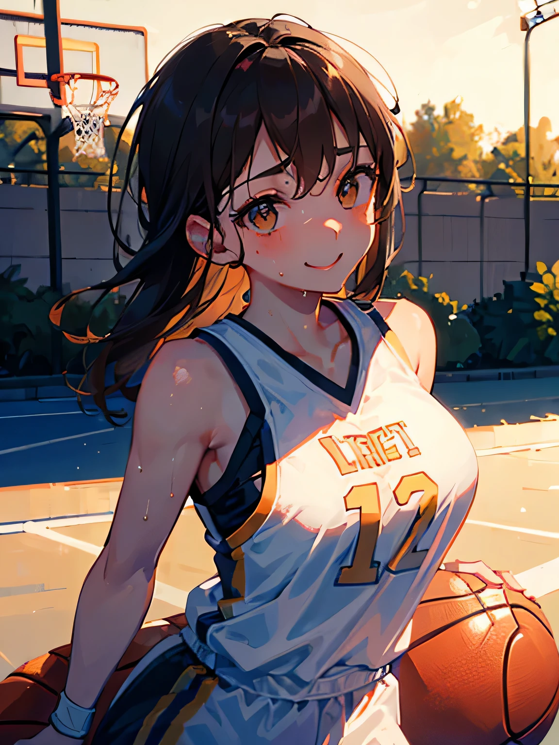 ((anatomically correct)), (masterpiece), ultra detailed, cute girl, ((basketball player)), (wet uniform), lots of sweat, smiling, mega breasts, ((brown tied hair)), hottest, windy, golden hour, vulgar, immoral, (upward glance), weak shading, backlit, 3on3 court, edge enhancement