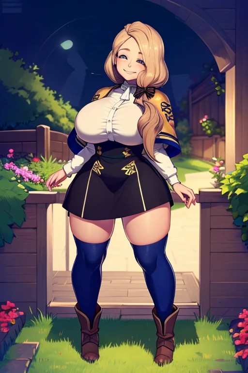 defMercedes, capelet, hair bow, white shirt, black skirt, blue leggings, brown boots, huge breasts, large breasts, huge ass,curvy, thick thighs, garden, smile, closed eyes, happy 