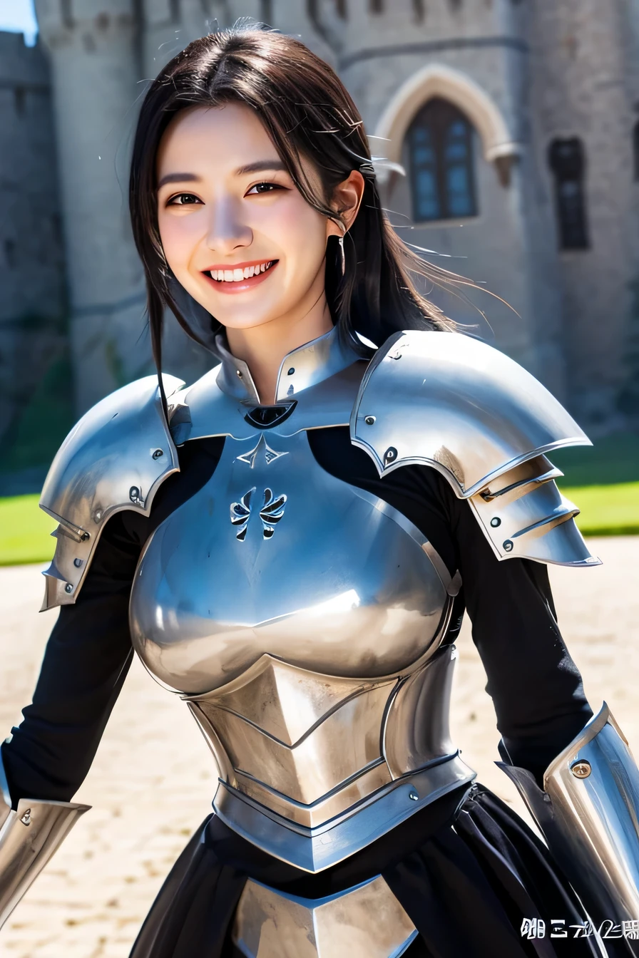 ８Ｋ、highest quality、female knight、The background is a castle、Luxurious Silver Armor、heavy equipment、black hair、hairstyle shortcut、smile、beautiful teeth、full body photo、ear piercing

