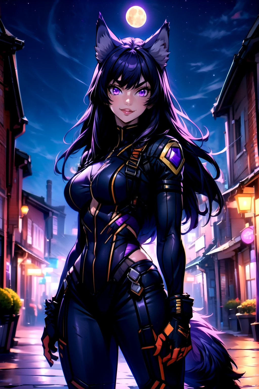 best quality, masterprice, 1girl, (solo:1.1), raytracing, ultra detailed,detailed face, 8k wallpaper, smile, wide hips, outdoor,night time,old town,moon, standing, outdoor,  DeltaNDV, long hair, animal ears, purple eyes, bangs, wolf ears, looking at viewer, wolf tail, bodysuit, tight clothes,  from front