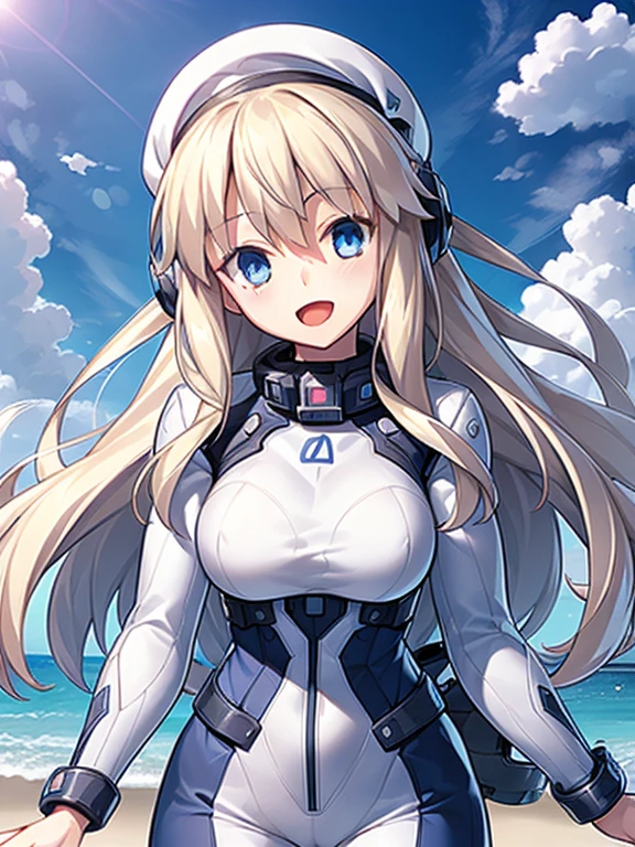 1 girl, alone, chest, looking at the viewer, blush, smile, long hair, bangs, large chest, blonde long hair, long sleeve, blue eyes, headphone,beret,:d, body suit, b space, white body suit, blue sky,Ocean,summer,Wind:1.3,, space suit break 