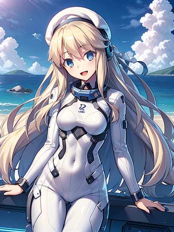 1 girl, alone, chest, looking at the viewer, blush, smile, long hair, bangs, large chest, blonde long hair, long sleeve, blue eyes, headphone,beret,:d, body suit, b space, white body suit, blue sky,Ocean,summer,Wind:1.3,, space suit break 