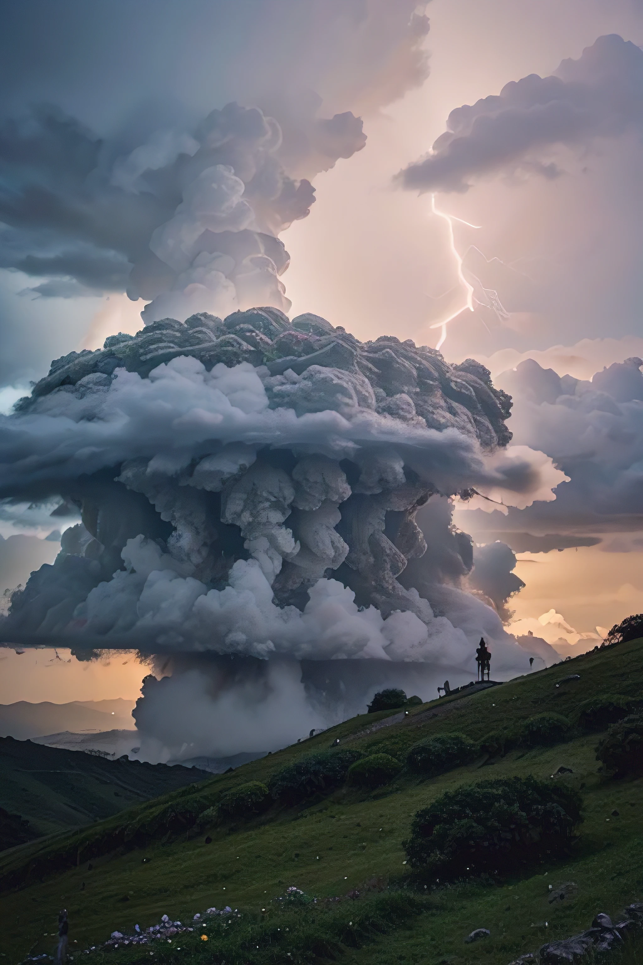 uma monte cercado por nuvens, lightning and thunder