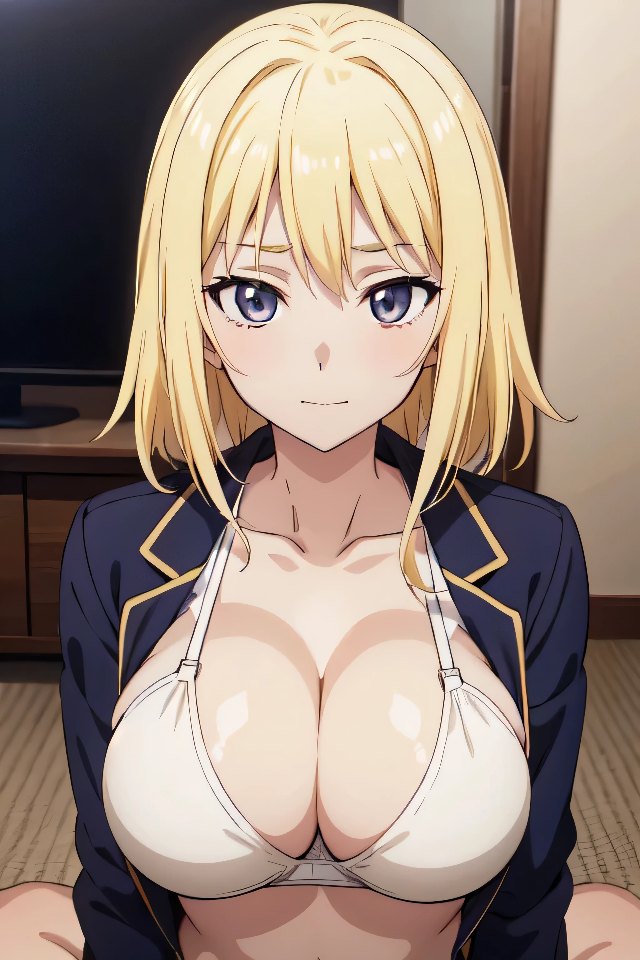 (((masterpiece))),fuyumi itadori, Anime girl characters, 1girl, solo, looking at viewer, medium hair, yellow hair,purple eyes, long sleeves, cleavage, bigger breasts, closed mouth, collarbone, jacket, open clothes, open jacket, blue jacket, ground vehicle, sports bra, tall girl, horny, big ass, beautiful face,Charming,  anime visual of a cute girl, screenshot from the anime film, & her expression is solemn, ahegao face, in the anime film, in an anime, anime visual of a young woman, she has a cute expressive face, still from anime, perfect breasts, she is tall, All bodies visible, ahegao face, the face is ahegao, she is horny, A perverted face, she so perverted, she smile so perverted, hd picture, 4k quality, details of the face is so good,bigger breasts, 