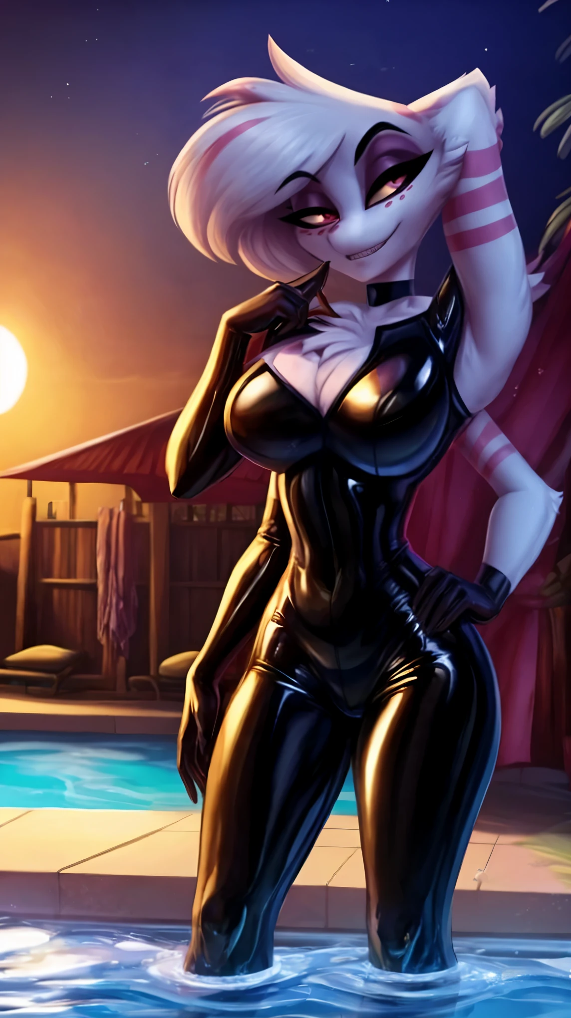 Tanraak (estilo), ((obra de arte)), ((Qualidade 8K)), (sem marca d'water), Angel Dust fitness version of Hazbin Hotel, femea, Boca Fechada, labios carnudos e pintados de vermelho, (acompanhado por apenas uma sombra em sua frente:1.4), (The salty), lustroso, black latex suit, with some of the clothes torn on the arm and leg, olhar reluzente, personagem corada e apaixonada, roupa apertada, face with mischievous expression, cansada e totalmente derrotada, texturas hiper realistas, roupa molhada, piscina, de pose quatro na agua