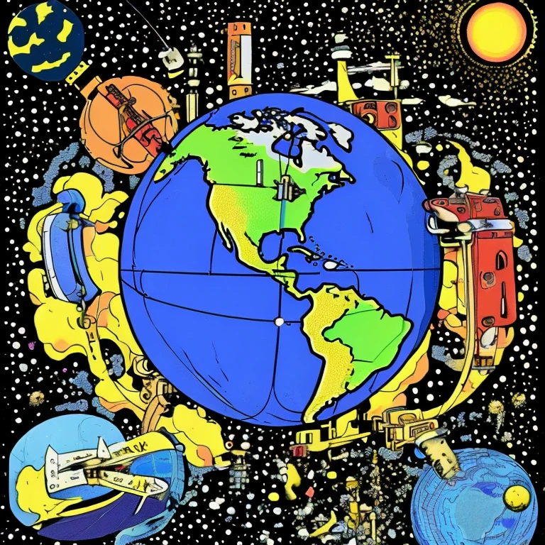 Subject: Earth, centered in the immense cosmos. Style: Science fiction. This concept accentuates the surreal expanse that packs the line, embellished with fractal designs. Details: ||The Earth is highlighted, in the foreground||, with accentuated continents and oceans. |A person floats above the Earth|, in a supine position in space, |connecting a cable from the earth to the helmet|. Proportion between earth and man, |evidence on earth|