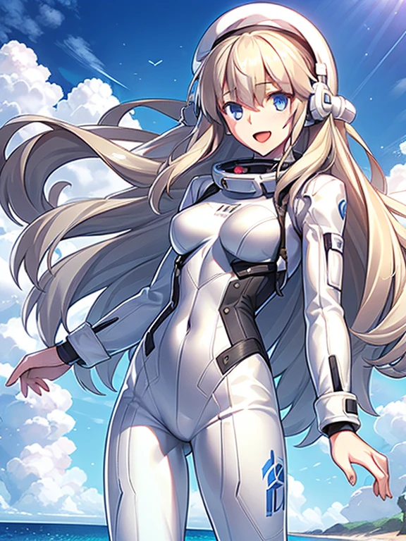 1 girl, alone, chest, looking at the viewer, blush, smile, long hair, bangs, large chest, blonde long hair, long sleeve, blue eyes, headphone,beret,:d, body suit, b space, white body suit, blue sky,Ocean,summer,Wind:1.3,, space suit break 