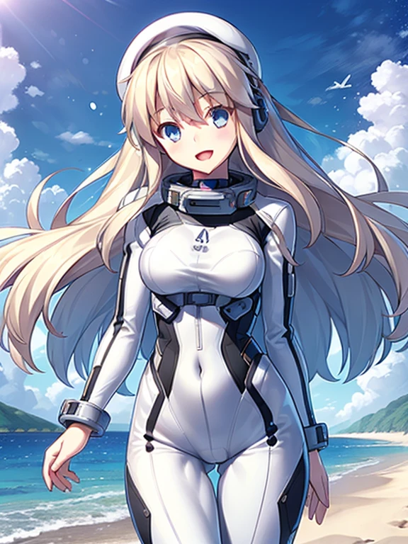 1 girl, alone, chest, looking at the viewer, blush, smile, long hair, bangs, large chest, blonde long hair, long sleeve, blue eyes, headphone,beret,:d, body suit, b space, white body suit, blue sky,Ocean,summer,Wind:1.3,, space suit break