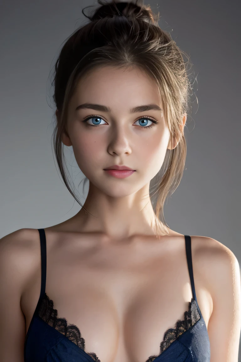 Tight black top:1.2, looking at the audience, Cinema lighting, perfect, soft light, High resolution skin:1.2, Realistic skin texture, 18 years old、a small face、No makeup，Off the shoulders，Bust C cup、blue eyes, bun, dark brown hair、Completely naked、gray background、red bra,