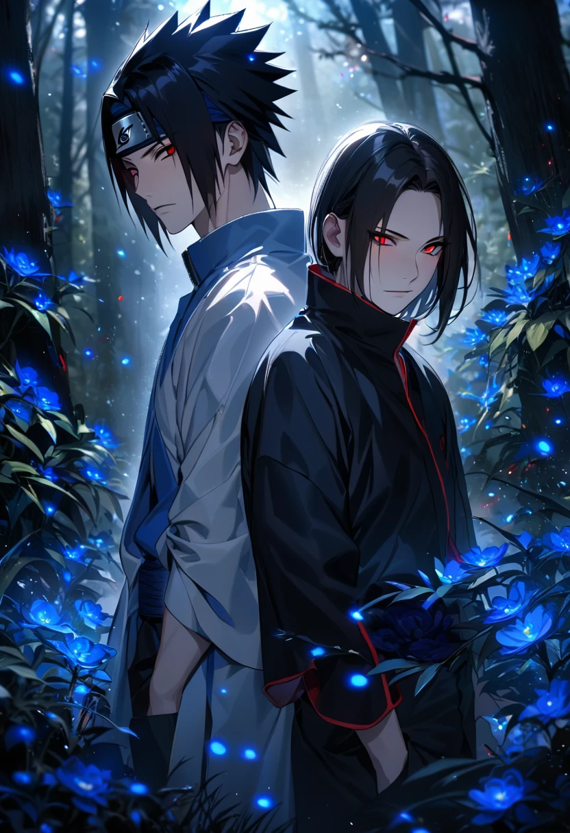 (absurdres, highres, ultra detailed, HDR), master piece, best quality, Uchiha Sasuke, black hair, vibrant red eyes, Naruto Shippuden, Uchiha Itachi, black hair, vibrant red eyes, 2men together, gay, handsome, blue forest, blue fireflies, blue flowers, blue petals