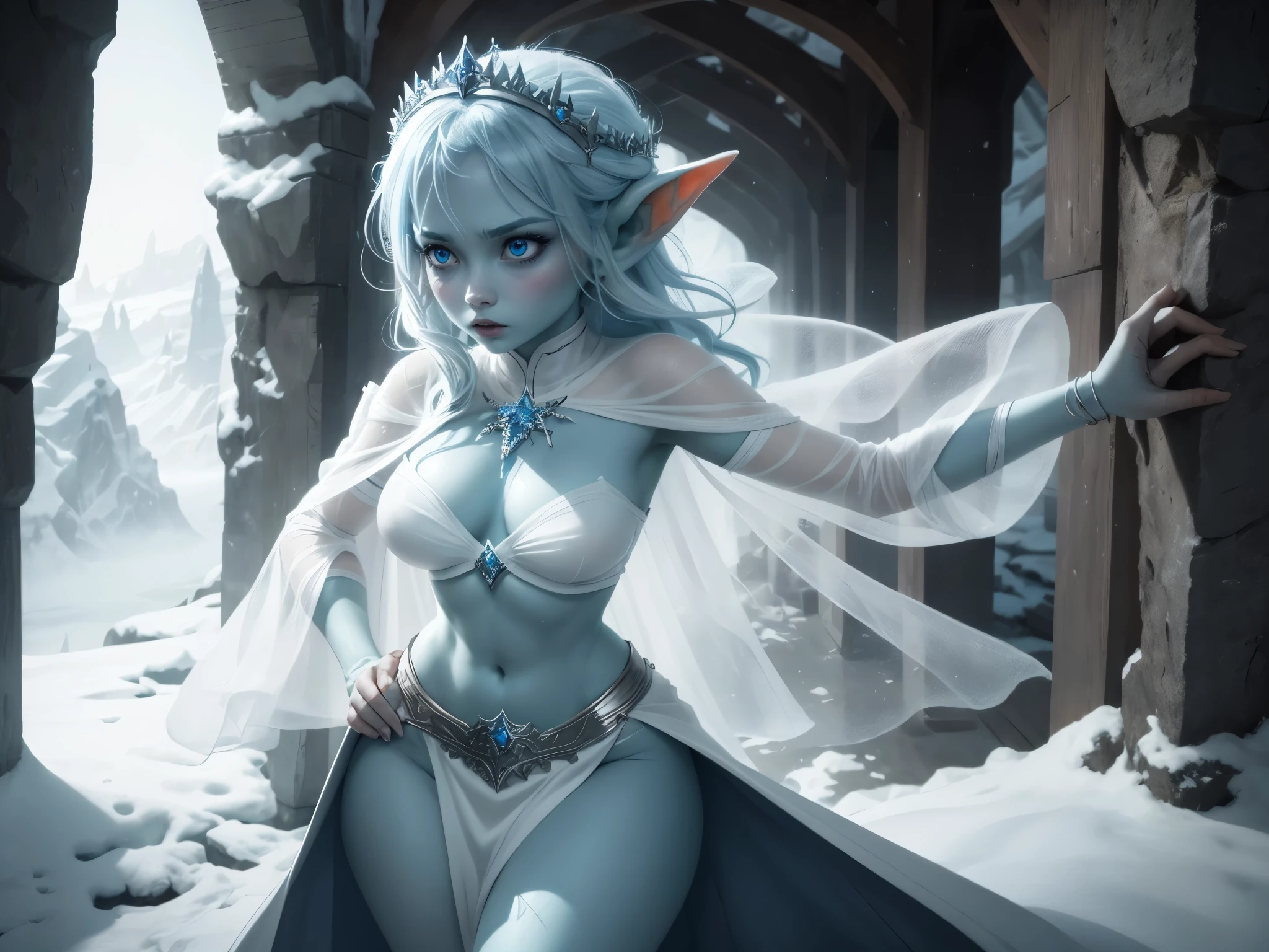 ((best quality)), ((masterpiece)), (detailed), 4k, tiny blue feral goblin girl, blue skin, blue eyes, white hair, covered in frost, snow cave, delicate, beautiful, tiny breasts, ice queen, snow queen, ice princess, blue all over, long finger claws, sharp teeth, covered in ice, dynamic pose, fingers claws visible, baring claws, wearing sheer white cape and sheer white skirt, visible midriff, ethereal, small breasts, scared of you, cinematic still, indirect lighting, low light