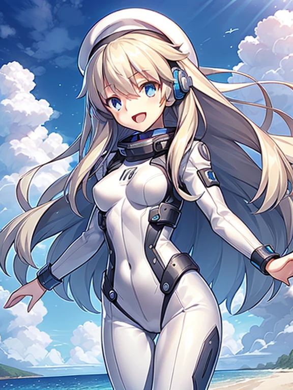 1 girl, alone, chest, looking at the viewer, blush, smile, long hair, bangs, large chest, blonde long hair, long sleeve, blue eyes, headphone,beret,:d, body suit, b space, white body suit, blue sky,Ocean,summer,Wind:1.3,, space suit break