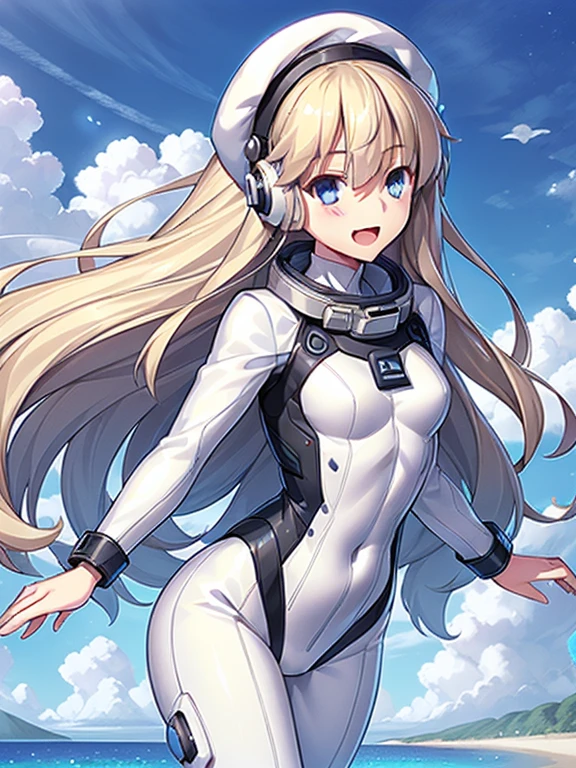 1 girl, alone, chest, looking at the viewer, blush, smile, long hair, bangs, large chest, blonde long hair, long sleeve, blue eyes, headphone,beret,:d, body suit, b space, white body suit, blue sky,Ocean,summer,Wind:1.3,, space suit break