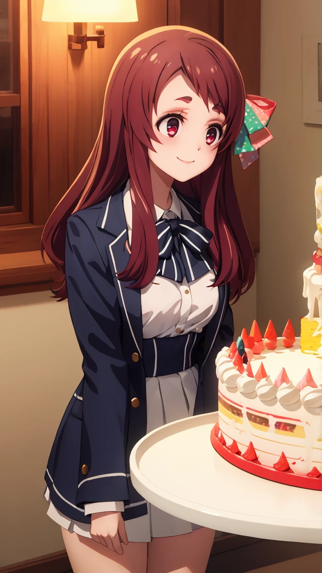 highest quality,masterpiece,High resolution,CG 8k ,super detailed images,pretty girl,one person,sakura minamoto,cowboy shot,smile,birthday cake,