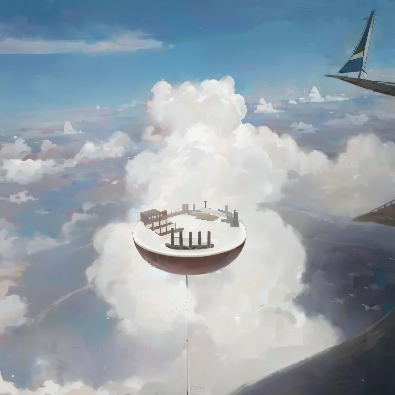 hay una imagen de una imagen de un objeto flotante en el cielo, isla flotante en el cielo, Ciudad flotante en el cielo., isla flotando en el cielo, ciudad flotante en las nubes, una isla flotando en el aire, Isla voladora en el cielo, tierras flotantes en las nubes, isla flotante y voladora, palacio flotando en el cielo, Coffee in the clouds