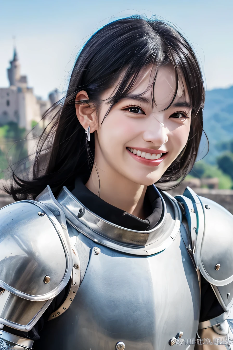 ８Ｋ、highest quality、female knight、The background is a castle、Luxurious Silver Armor、heavy equipment、black hair、hairstyle shortcut、smile、beautiful teeth、full body photo、ear piercing

