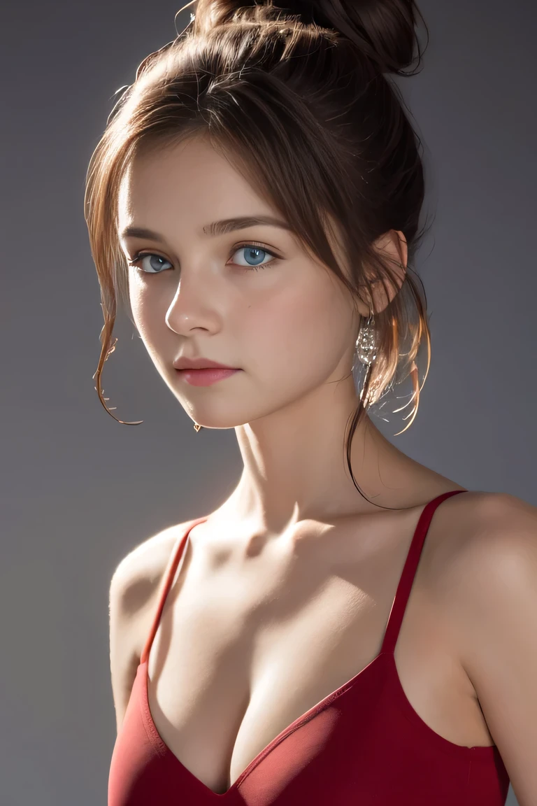 Tight red top:1.2, looking at the audience, Cinema lighting, perfect, soft light, High resolution skin:1.2, Realistic skin texture, 18 years old、a small face、No makeup,Off the shoulders,Bust C cup、blue eyes, bun, dark brown hair、Completely naked、gray background、red bra,