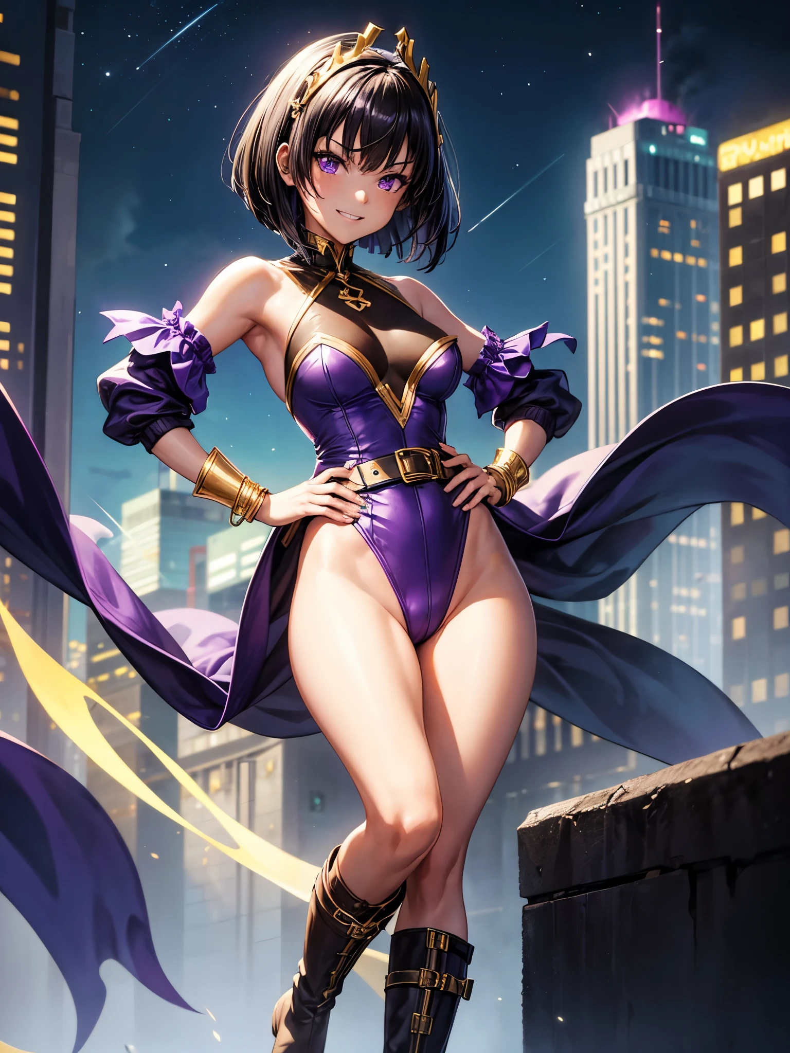 1girl, villain, leotard, purple leotard with gold accents, bare legs, (fastened tight gold belt), boots, ankle boots, bracelets, night sky, standing straight, hands on hip, infused with powers, cityscape, searchlights, black hair, short hair, bob hair, tiara, purple eyes, beautiful detailed eyes, perfect hands, solo, solo focus, evil grin