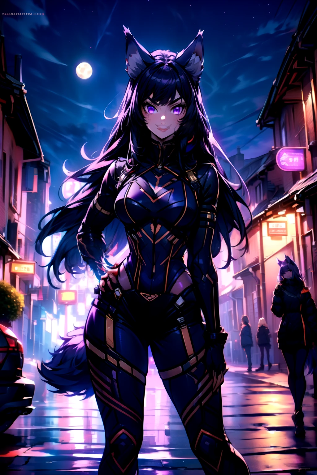 best quality, masterprice, 1girl, (solo:1.1), raytracing, ultra detailed,detailed face, 8k wallpaper, smile, wide hips, outdoor,night time,old town,moon, standing, outdoor,  DeltaNDV, long hair, animal ears, purple eyes, bangs, wolf ears, looking at viewer, wolf tail, bodysuit, tight clothes,  from front