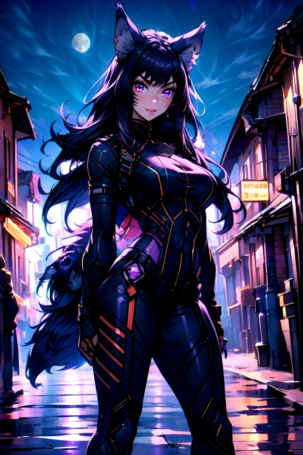 best quality, masterprice, 1girl, (solo:1.1), raytracing, ultra detailed,detailed face, 8k wallpaper, smile, wide hips, outdoor,night time,old town,moon, standing, outdoor,  DeltaNDV, long hair, animal ears, purple eyes, bangs, wolf ears, looking at viewer, wolf tail, bodysuit, tight clothes,  from front