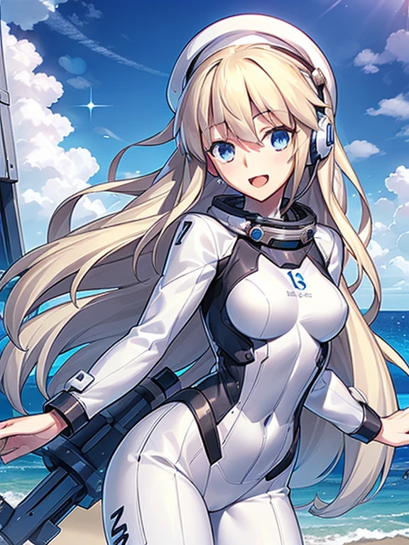 1 girl, alone, chest, looking at the viewer, blush, smile, long hair, bangs, large chest, blonde long hair, long sleeve, blue eyes, headphone,beret,:d, body suit, b space, white body suit, blue sky,Ocean,summer,Wind:1.3,, space suit break