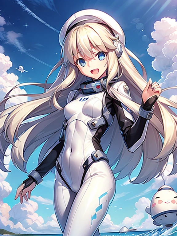 1 girl, alone, chest, looking at the viewer, blush, smile, long hair, bangs, large chest, blonde long hair, long sleeve, blue eyes, headphone,beret,:d, body suit, b space, white body suit, blue sky,Ocean,summer,Wind:1.3,, space suit break 