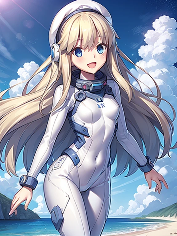 1 girl, alone, chest, looking at the viewer, blush, smile, long hair, bangs, large chest, blonde long hair, long sleeve, blue eyes, headphone,beret,:d, body suit, b space, white body suit, blue sky,Ocean,summer,Wind:1.3,, space suit break