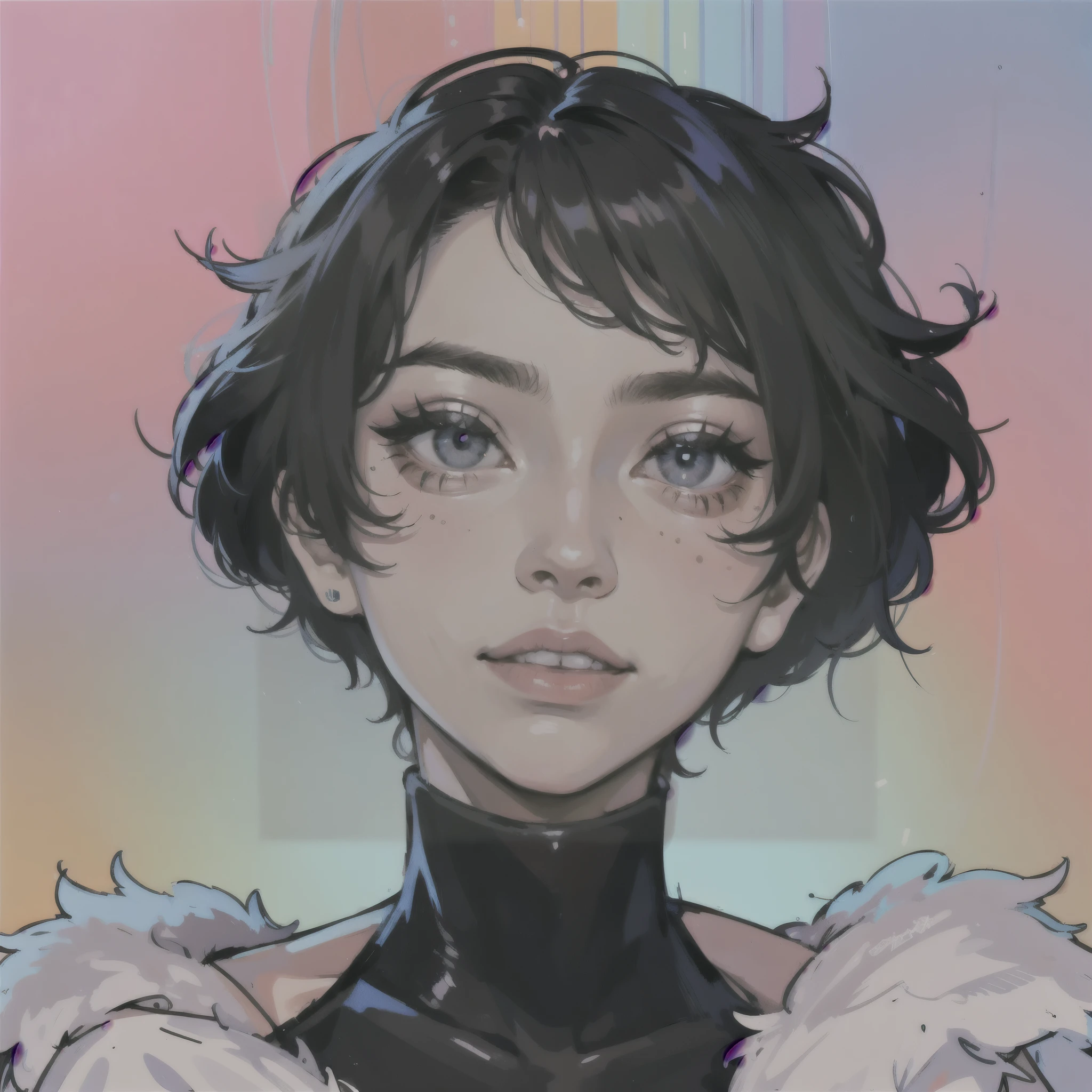 a drawing of a androgynous boy with black hair and a fur coat, nft portrait, loish art style, lofi portrait, rossdraws portrait, rossdraws cartoon vibrant, digital art ilya kuvshinov, digital anime illustration, procreate illustration, epic portrait illustration, rossdraws 1. 0, anime style portrait, cute portrait, kawaii realistic portrait