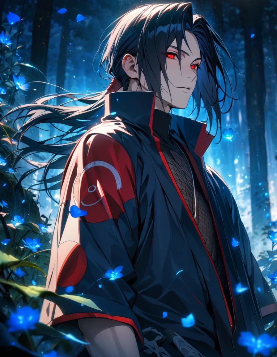 (absurdres, highres, ultra detailed, HDR), master piece, best quality, vibrant red eyes, Uchiha Itachi, black hair, 1man, handsome, Naruto Shippuden, blue forest, blue fireflies, blue flowers, blue petals