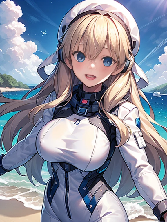 1 girl, alone, chest, looking at the viewer, blush, smile, long hair, bangs, large chest, blonde long hair, long sleeve, blue eyes, headphone,beret,:d, body suit, b space, white body suit, blue sky,Ocean,summer,Wind:1.3,, space suit break