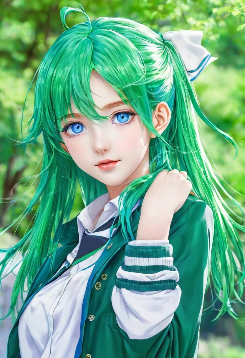 Anime girl with blue eyes, green hair and school clothes