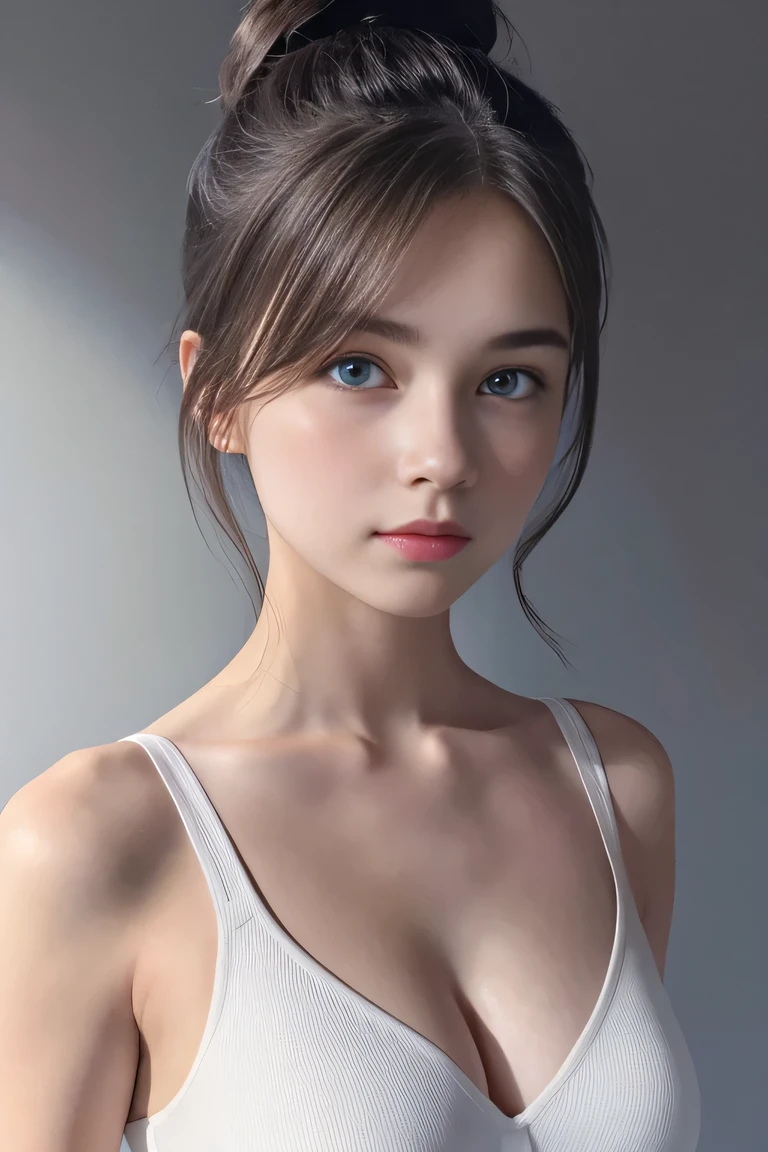 Tight white top:1.2, looking at the audience, Cinema lighting, perfect, soft light, High resolution skin:1.2, Realistic skin texture, 18 years old、a small face、No makeup，Off the shoulders，Bust C cup、blue eyes, bun, dark brown hair、Completely naked、gray background、white bra,