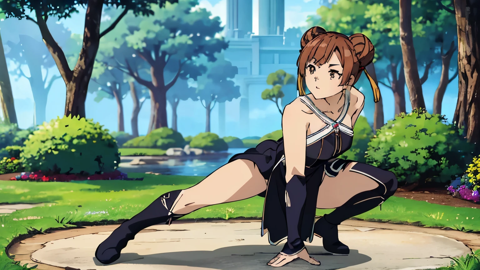 Looking at viewer, solo, anime screencap, score_9, score_8_up, Laufen, 1 girl, brown hair, short hair, double bun, brown eyes, yellow headpiece, black dress, bare shoulders, gloves, pelvis curtain, boots, nature, sunbeams, forest, full body, fighting stance, magic wand, crouching