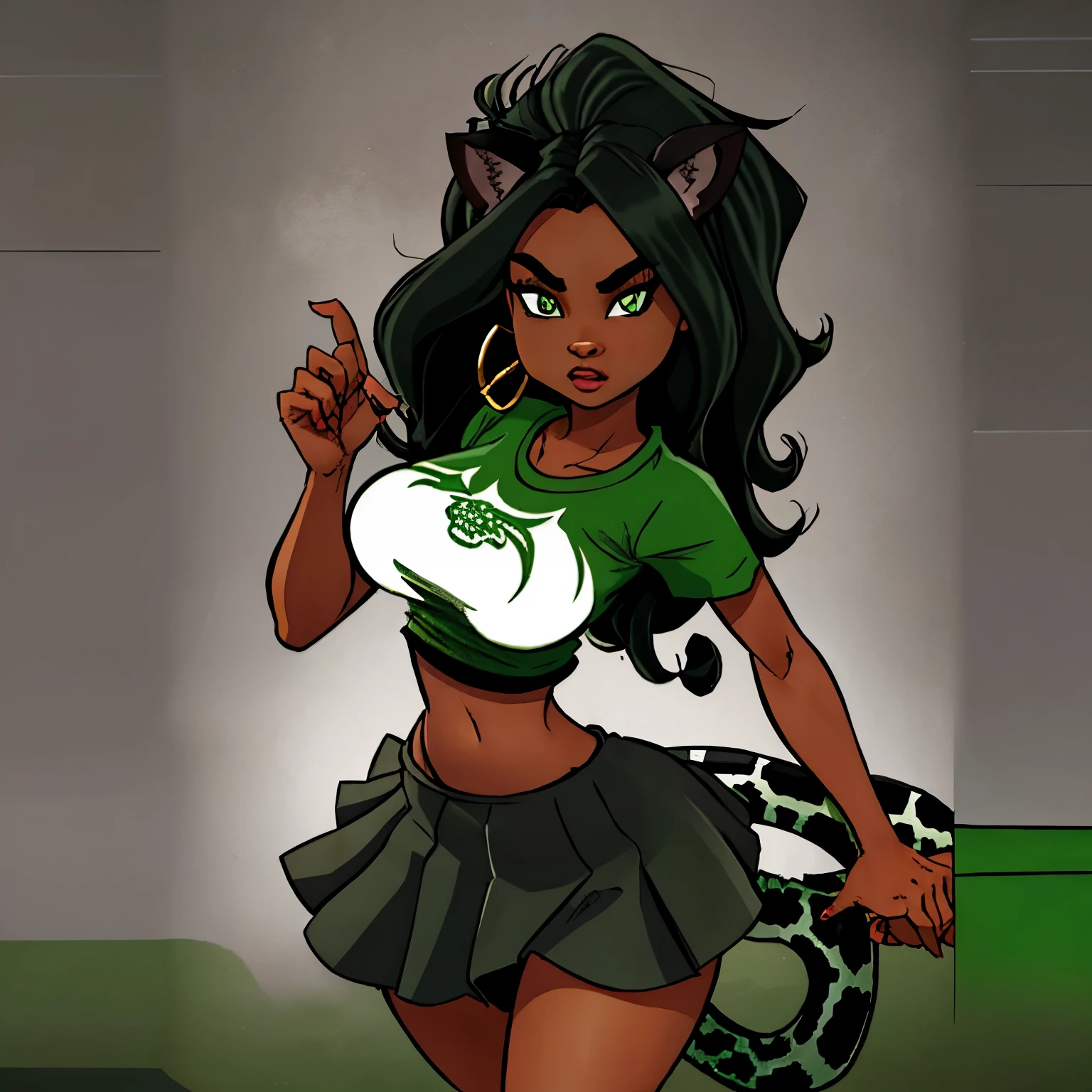 Dark skined female with jaguar ears and tail, claw like fingers, big , sporty, dark curly long hair, green cat eyes,her shirt is white linnen crop top wraped around her breast and her skirt is parcally ripped dark green in her right hand is a long combatstick with a snake wraped around it