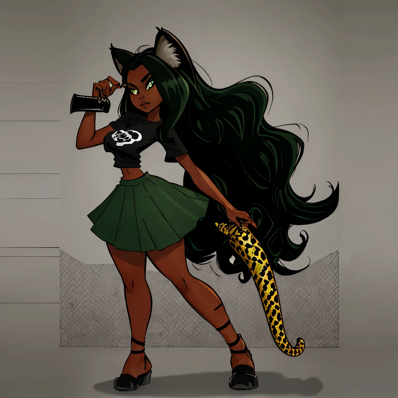 Dark skined female with jaguar ears and tail, claw like fingers, big , sporty, dark curly long hair, green cat eyes,her shirt is white linnen crop top wraped around her breast and her skirt is parcally ripped dark green  in her right hand is a long combatstick with a snake wraped around it