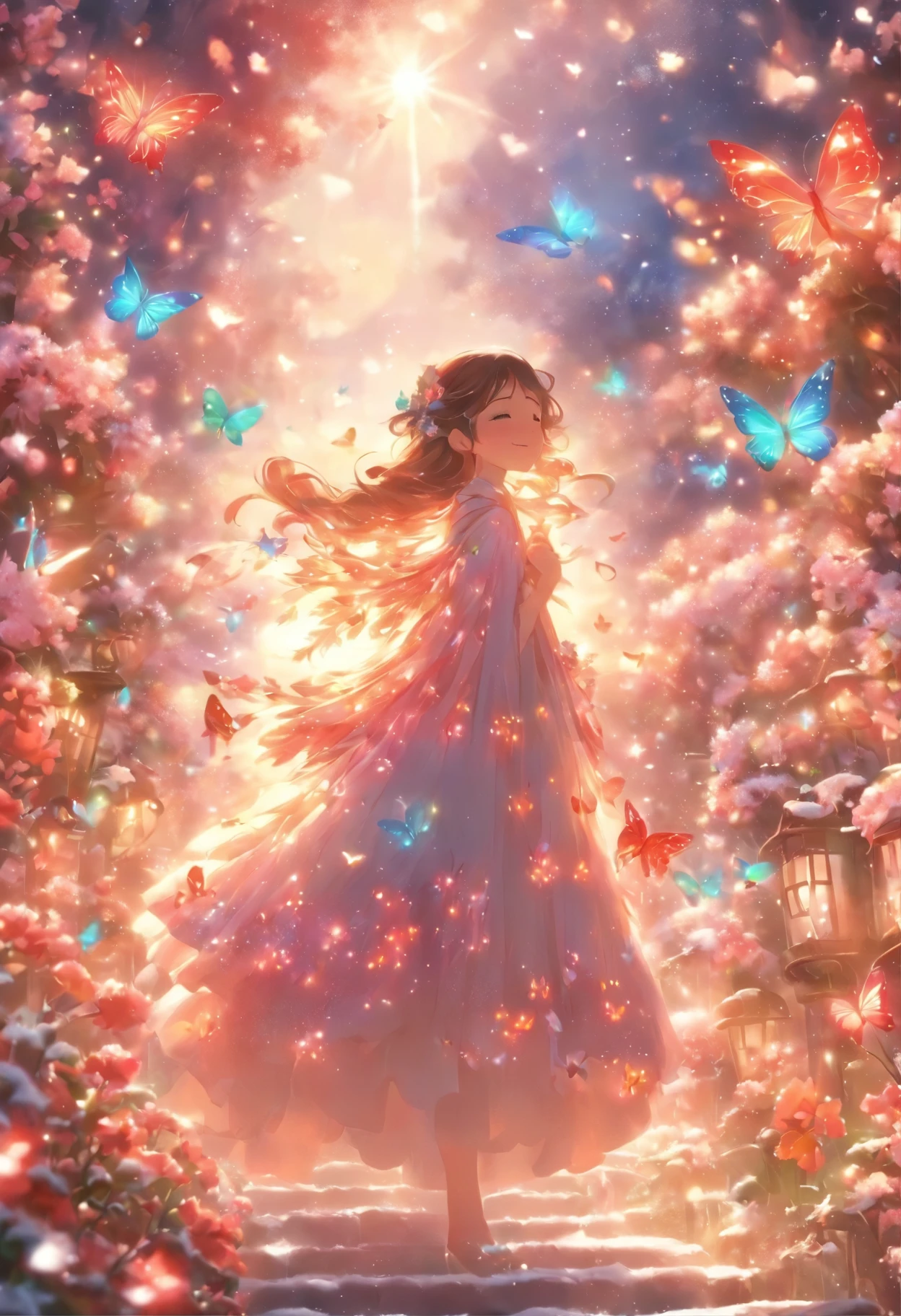 title: 「winter flower garden」
explanation: This 8K raw photo、Flowers covered with snow in midwinter々It depicts a winding path through a blooming hill.。An anime girl wearing a fairy dress is climbing up the path.、Butterflies are flying around。winter garden is covered with snow、But colorful flowers々is in full bloom、The sight of dancing butterflies is spreading。The sunlight is shining、A bright scene surrounds the whole。
Features: This work、ハイコントラストで鮮やかな色彩がFeaturesであり、Painted with super detailed details。each flower and butterfly、And the details of the fairy's dress are beautifully expressed down to the last detail.。This digital art is full of life、Bringing smiles and warm feelings to viewers。
In the background, a completely white snowy landscape spreads out.、It depicts a magnificent composition and magnificent proportions.。Rainbow-colored light shines brightly、A silver vapor guardian nebula and a family of corrosive envelope rays decorate the sky.。
This workハイファンタジーの世界観を表現し、There is a slimy feeling in the air.。観る者をwinter flower gardenへと誘い、We offer a heart-warming experience with beautiful scenery.。