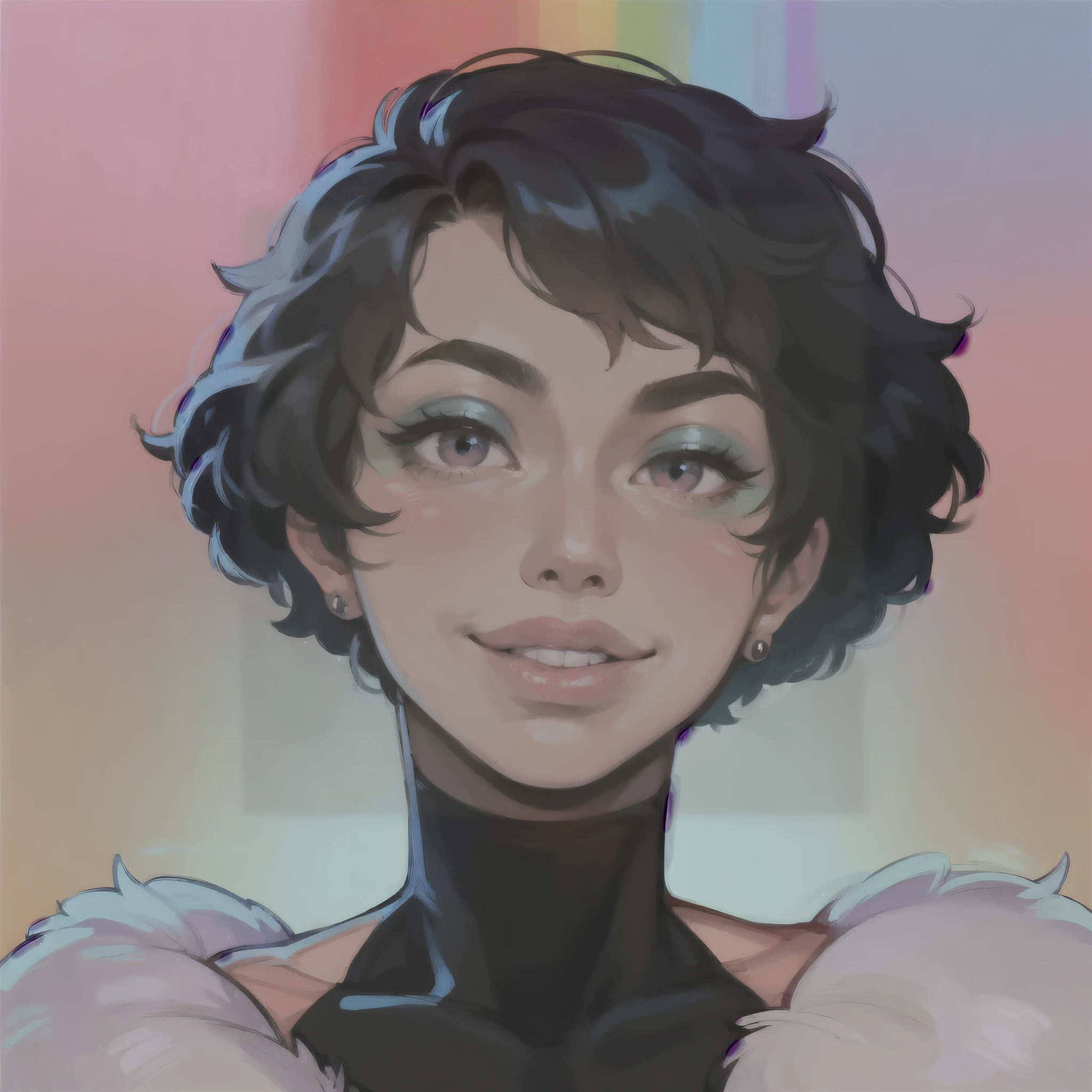 a drawing of a androgynous boy with black hair and a fur coat, nft portrait, loish art style, lofi portrait, rossdraws portrait, rossdraws cartoon vibrant, digital art ilya kuvshinov, digital anime illustration, procreate illustration, epic portrait illustration, rossdraws 1. 0, anime style portrait, cute portrait, kawaii realistic portrait,pink eyes