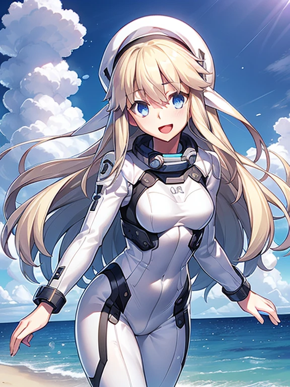 1 girl, alone, chest, looking at the viewer, blush, smile, long hair, bangs, large chest, blonde long hair, long sleeve, blue eyes, headphone,beret,:d, body suit, b space, white body suit, blue sky,Ocean,summer,Wind:1.3,, space suit break