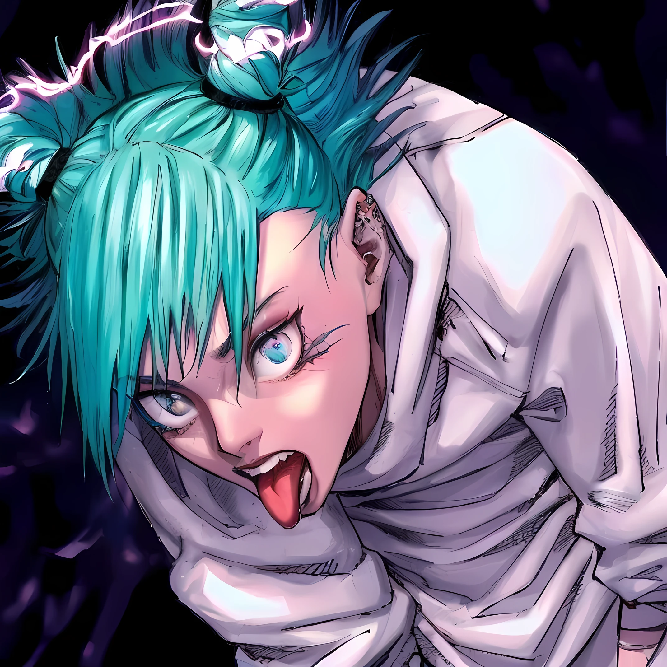 (best quality,4k,8k,highres,masterpiece:1.2), ultra-detailed, (realistic,photorealistic,photo-realistic:1.37), portraits, pale skin, intense eyes, detailed lips, dark grey hair with cyan gradient, Demon, in night, amarelos com azul, tongue out, cabelo espetado.