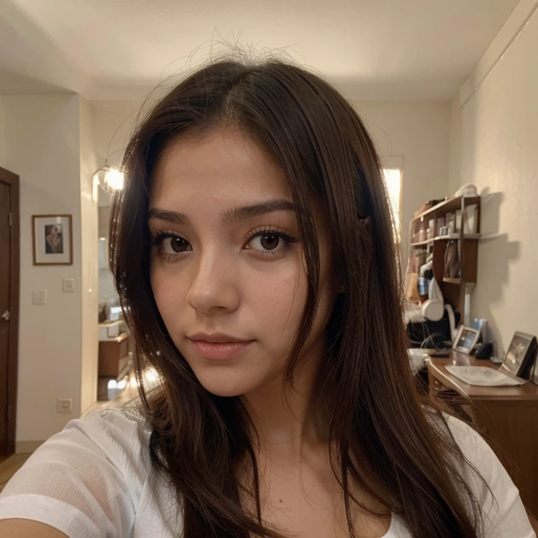 Selfie de Sofia de espaldas, una joven extremadamente atractiva, ojos verdes, pelo rubio, cara inocente, 18 year old girl, foto casual en el dormitorio, taken with iphone camera