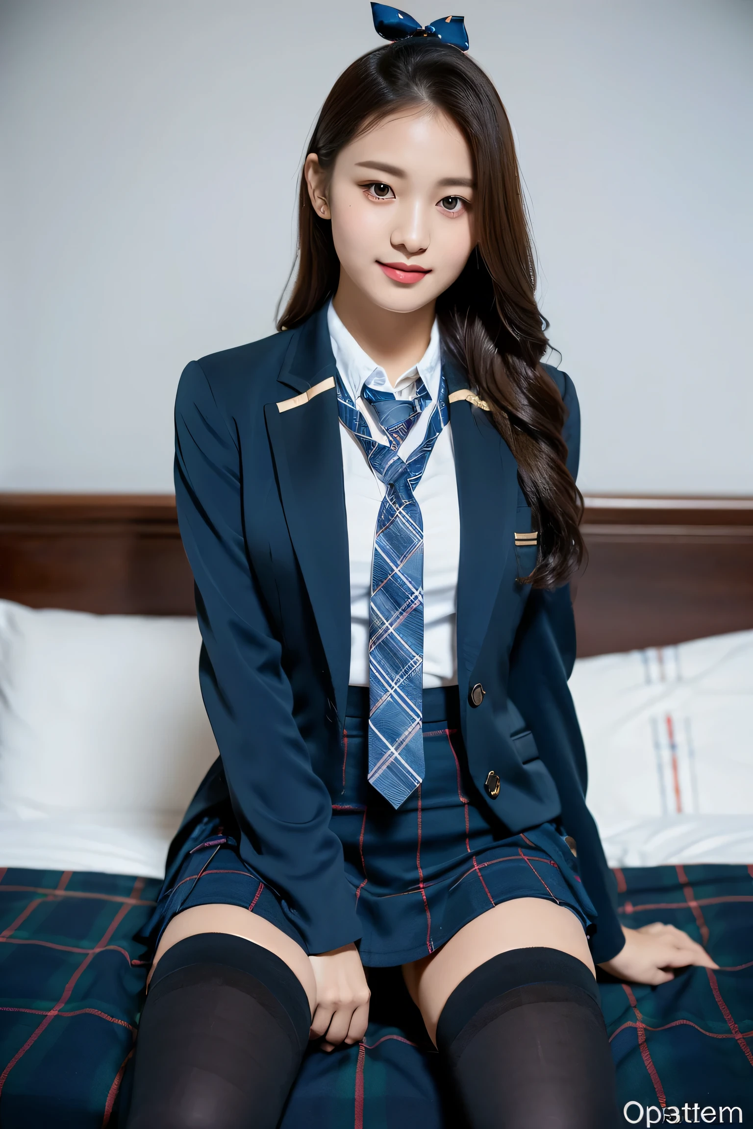 (8K), (highest quality: 1.2), (realistic), (realistic: 1.37), ultra high resolution, 1 girl, cute, smile, closed mouth, beautiful details, beautiful nose,beautiful hair,college uniform,simple dark blue satin blazer,satin white blouse,A bow tie,pleated skirt,(The pattern of the skirt and tie is a dark blue tartan check pattern.:1.3),(The plaid pattern on the skirt is detailed.:1.2),(Opaque black thigh-high socks:1.4) ,avert your eyes,sit on the bed ,(from side)(from above),(Close up on wet thighs),
