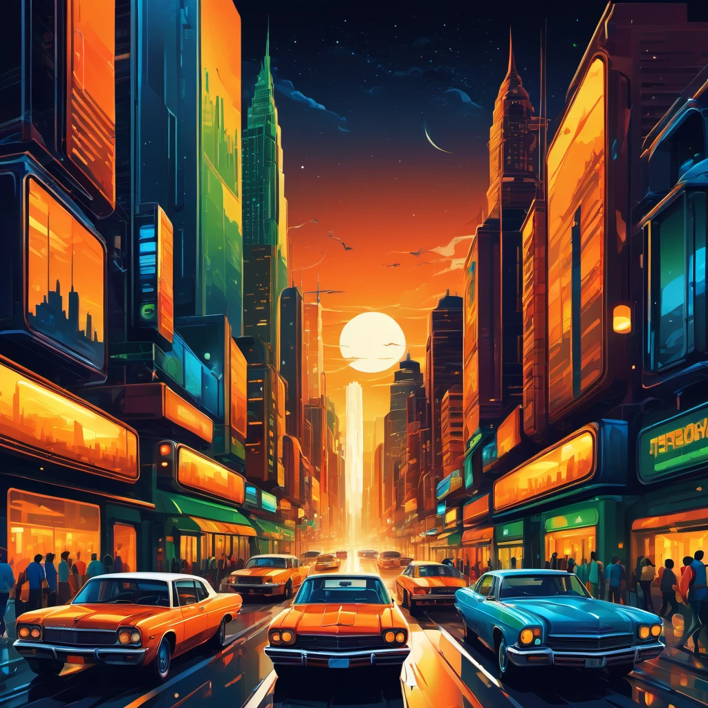 (best quality, highres, ultra sharp), magical ,Vector art of a bustling cityscape at night, high level of detail, vibrant colors, modern style, 4k resolution, dynamic lighting effects, vector art style, art tupu, 70's, 3d crunch, realistic feeling, terrorific scene, people running, panic, cars, buses, dark tones of orange , blue gray, brown, green, yellow, white, and black, vectored city,
