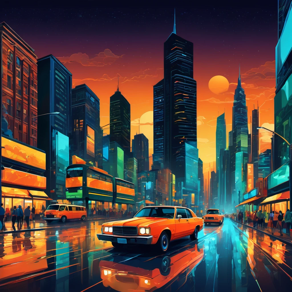 (best quality, highres, ultra sharp), magical ,Vector art of a bustling cityscape at night, high level of detail, vibrant colors, modern style, 4k resolution, dynamic lighting effects, vector art style, art tupu, 70's, 3d crunch, realistic feeling, terrorific scene, people running, panic, cars, buses, dark tones of orange , blue gray, brown, green, yellow, white, and black, vectored city,