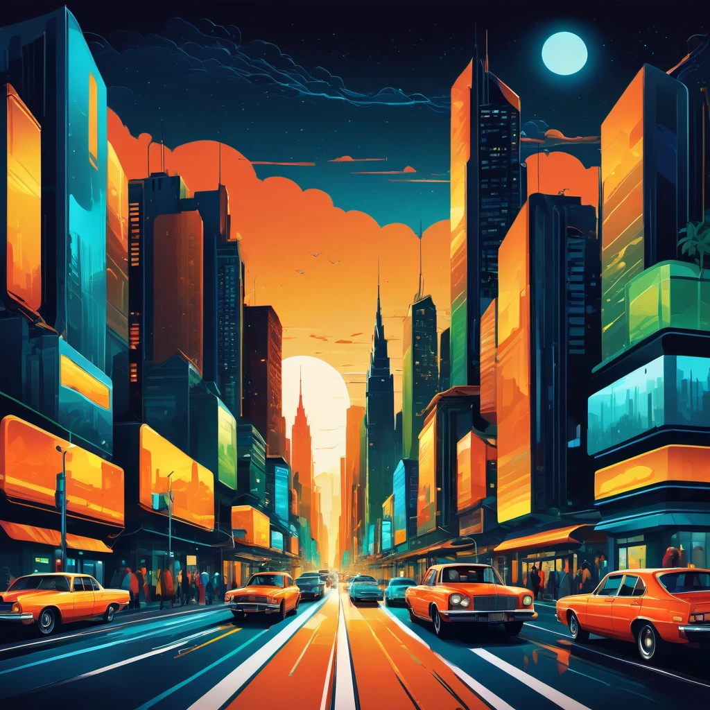 (best quality, highres, ultra sharp), magical ,Vector art of a bustling cityscape at night, high level of detail, vibrant colors, modern style, 4k resolution, dynamic lighting effects, vector art style, art tupu, 70's, 3d crunch, realistic feeling, terrorific scene, people running, panic, cars, buses, dark tones of orange , blue gray, brown, green, yellow, white, and black, vectored city,