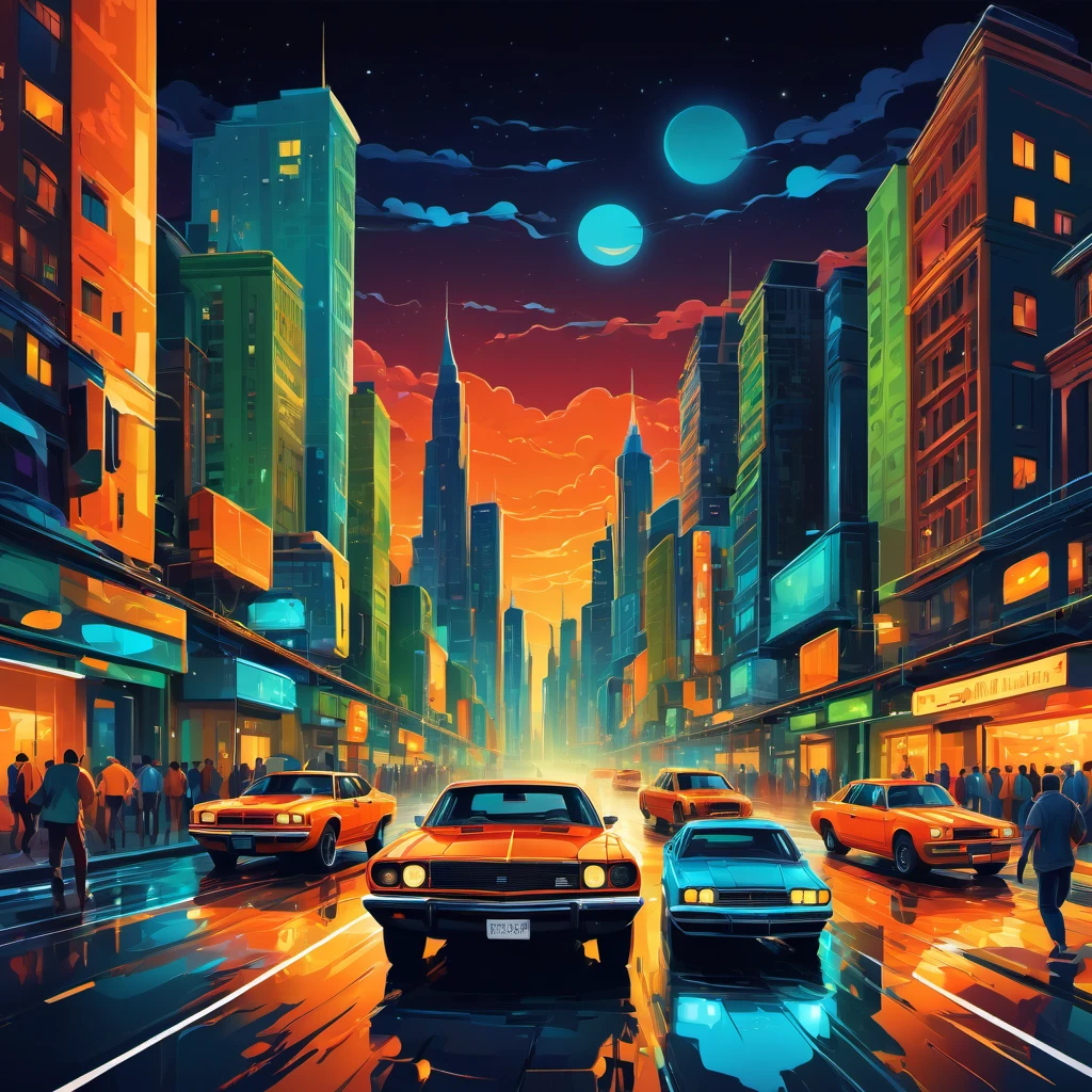 (best quality, highres, ultra sharp), magical ,Vector art of a bustling cityscape at night, high level of detail, vibrant colors, modern style, 4k resolution, dynamic lighting effects, vector art style, art tupu, 70's, 3d crunch, realistic feeling, terrorific scene, people running, panic, cars, buses, dark tones of orange , blue gray, brown, green, yellow, white, and black, vectored city,