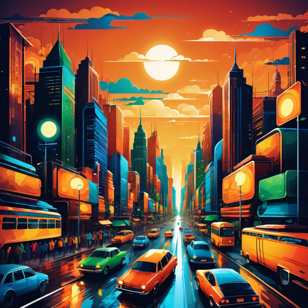 (best quality, highres, ultra sharp), magical ,Vector art of a bustling cityscape at night, high level of detail, vibrant colors, modern style, 4k resolution, dynamic lighting effects, vector art style, art tupu, 70's, 3d crunch, realistic feeling, terrorific scene, people running, panic, cars, buses, dark tones of orange , blue gray, brown, green, yellow, white, and black, vectored city,