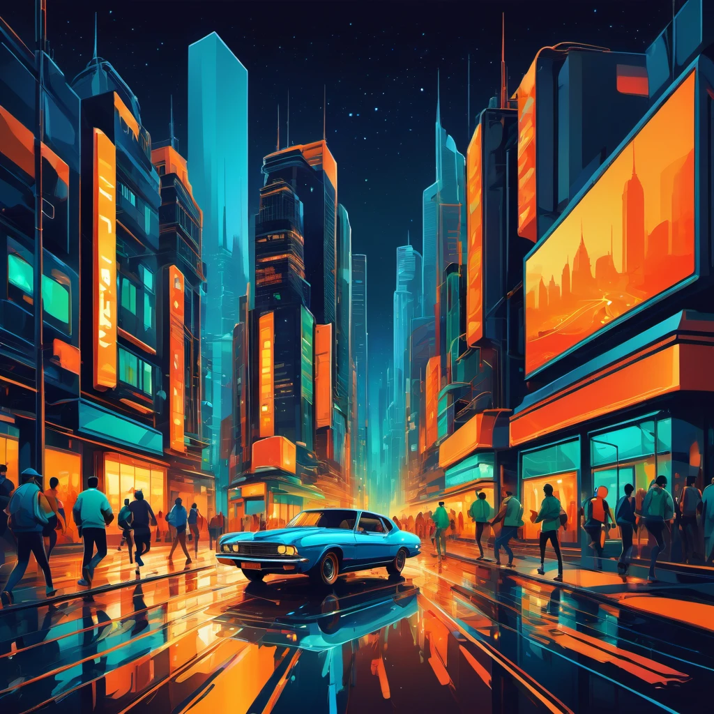 (best quality, highres, ultra sharp), magical ,Vector art of a bustling cityscape at night, high level of detail, vibrant colors, modern style, 4k resolution, dynamic lighting effects, vector art style, art tupu, 70's, 3d crunch, realistic feeling, terrorific scene, people running, panic, cars, buses, dark tones of orange , blue gray, brown, green, yellow, white, and black, vectored city,
